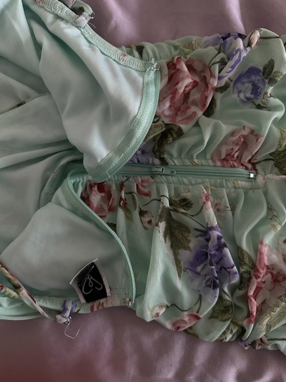 Windsor Light Green Floral V-Neck Ruched Asymmetrical Dress - Picture 3 of 5